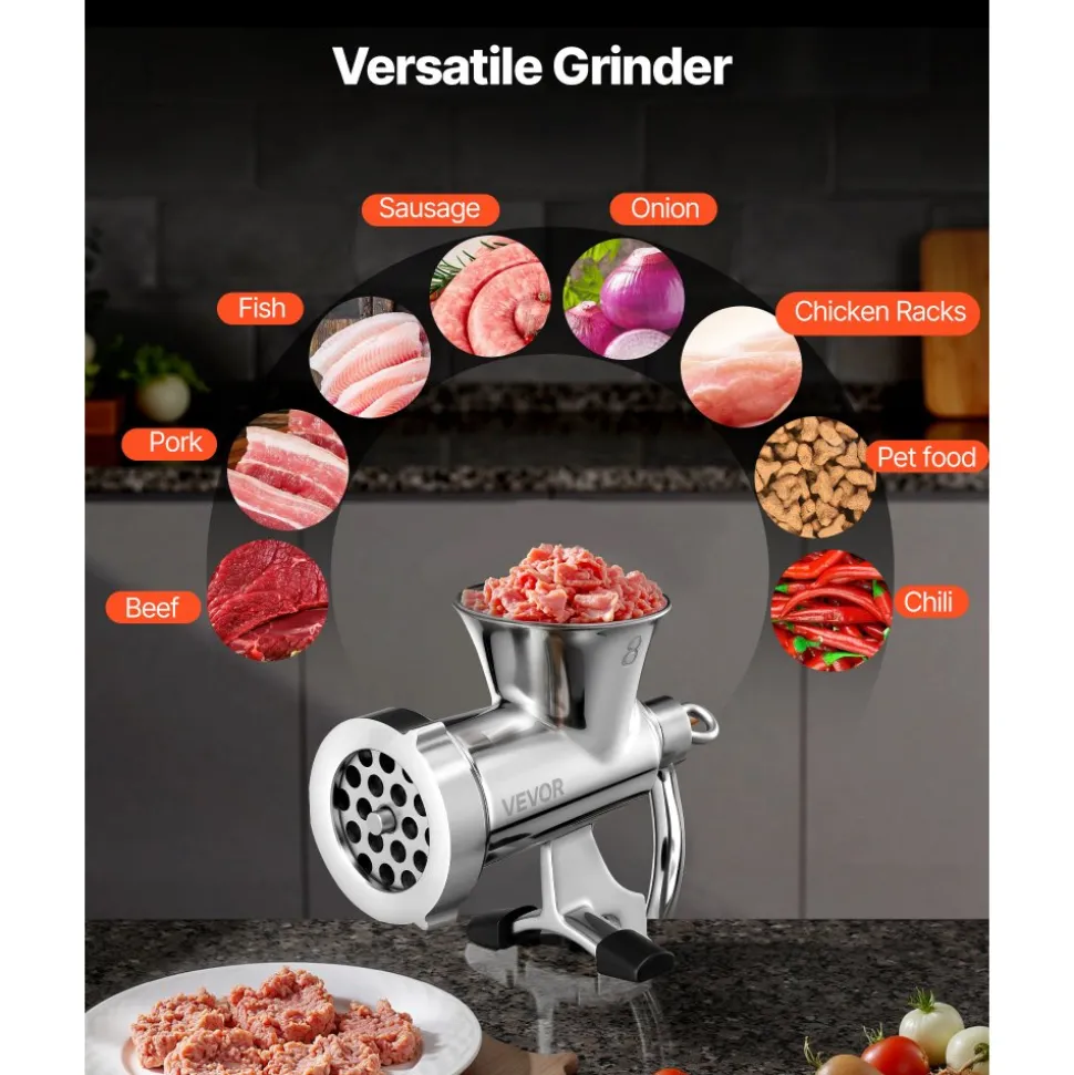 VEVOR Manual Meat Grinder, 304 Stainless Steel Hand Crank Meat Mincer with Steel Table Clamp, Sausage Stuffer with 2 Cutting Plates & Sausage Tube, Food Grinder for Beef Chili Pork Kitchen Tabletop