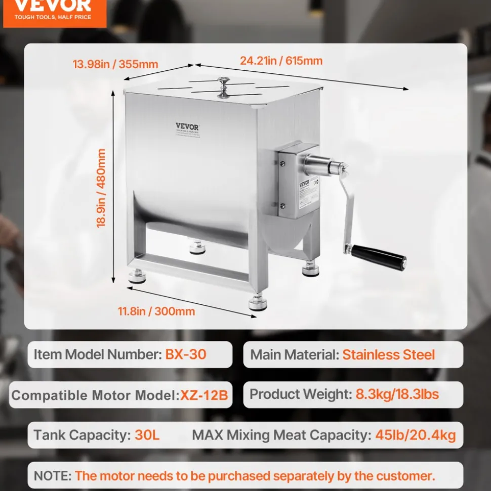 VEVOR Manual Meat Mixer, 30L Fixed Tank Meat Processing Equipment(Mixing Max 60LBS for Meat), Stainless Steel Meat Mixer, Sausage Mixer Machine with Lid Handle Gear Reducer, Ground Beef Hand Mixer
