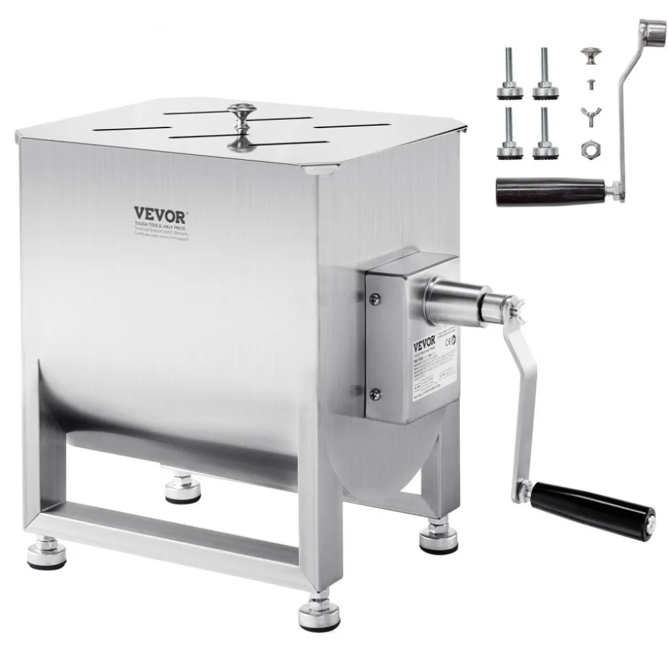 VEVOR Manual Meat Mixer, 30L Fixed Tank Meat Processing Equipment(Mixing Max 60LBS for Meat), Stainless Steel Meat Mixer, Sausage Mixer Machine with Lid Handle Gear Reducer, Ground Beef Hand Mixer