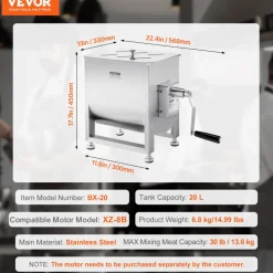VEVOR Manual Meat Mixer, 15L Fixed Tank Meat Processing Equipment(Mixing Maximum 15LBS for Meat), Stainless Steel Meat Mixer, Sausage Mixer Machine with Lid and Handle, Ground Beef Hand Mixer