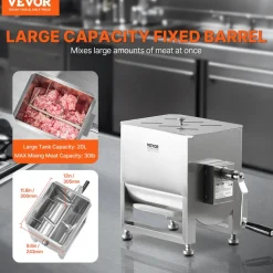 VEVOR Manual Meat Mixer, 20L Fixed Tank Meat Processing Equipment(Mixing Max 30LBS for Meat), Stainless Steel Meat Mixer, Sausage Mixer Machine with Lid Handle Gear Reducer, Ground Beef Hand Mixer