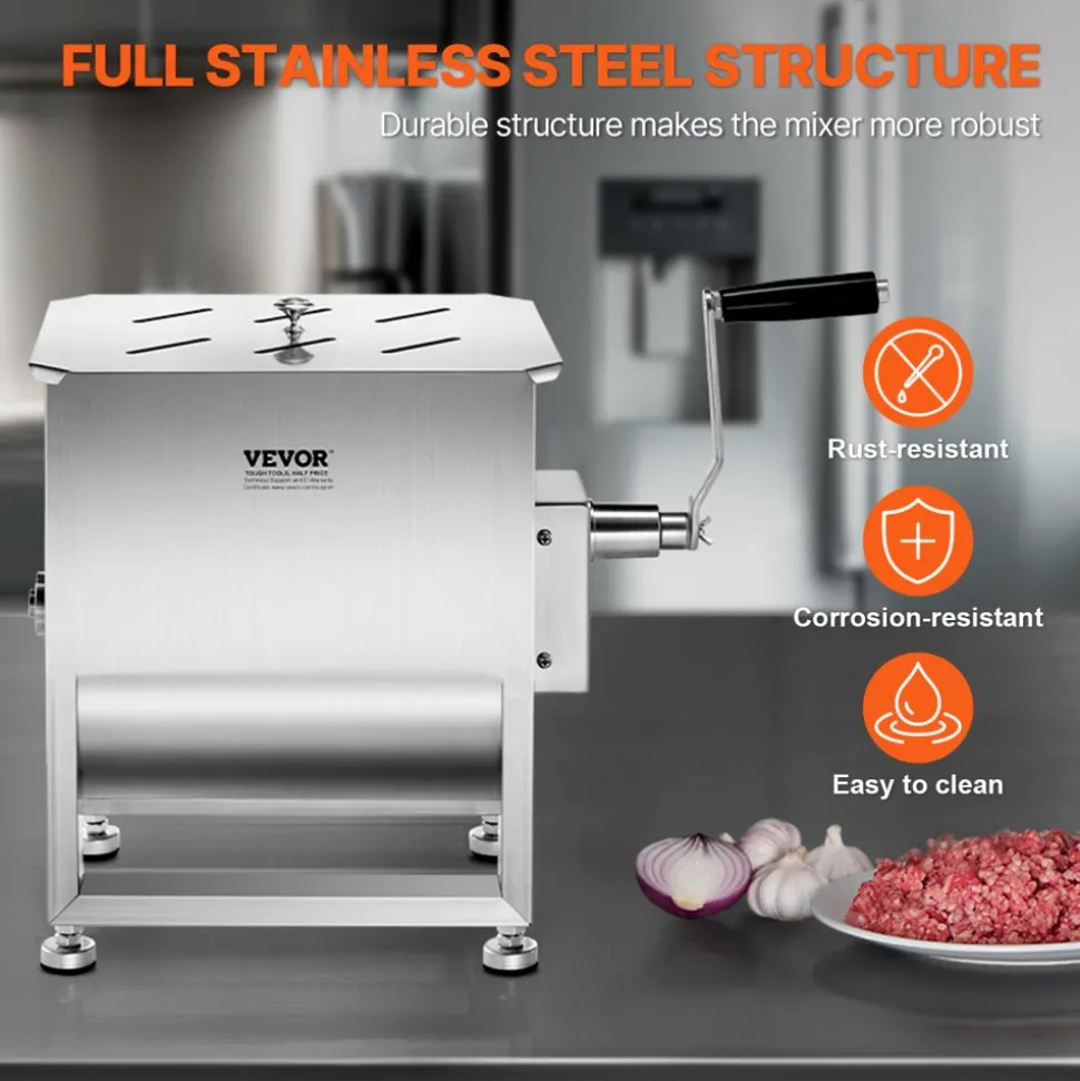 VEVOR Manual Meat Mixer, 60L Fixed Tank Meat Processing Equipment(Mixing Max 120LBS for Meat), Stainless Steel Meat Mixer, Sausage Mixer Machine with Lid Handle Gear Reducer, Ground Beef Hand Mixer