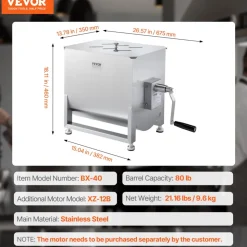 VEVOR Manual Meat Mixer, 40L Fixed Tank Meat Processing Equipment(Mixing Max 80LBS for Meat), Stainless Steel Meat Mixer, Sausage Mixer Machine with Lid Handle Gear Reducer, Ground Beef Hand Mixer