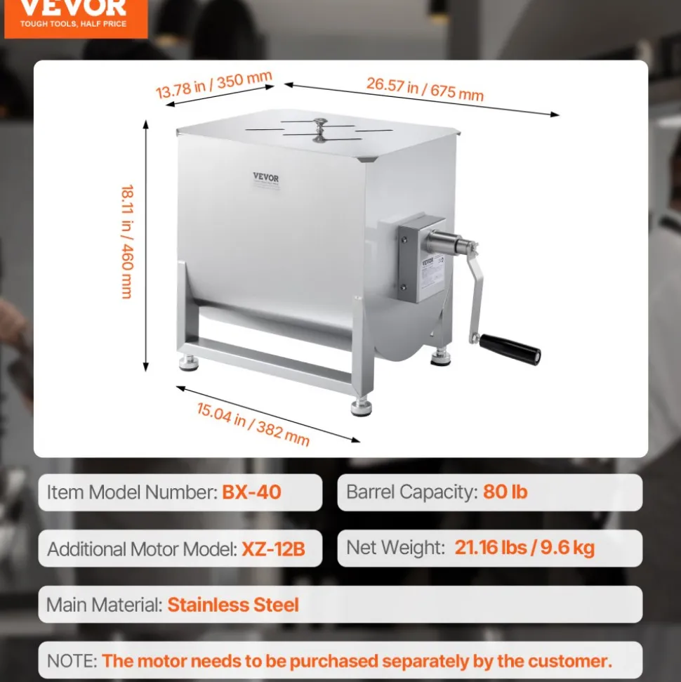VEVOR Manual Meat Mixer, 40L Fixed Tank Meat Processing Equipment(Mixing Max 80LBS for Meat), Stainless Steel Meat Mixer, Sausage Mixer Machine with Lid Handle Gear Reducer, Ground Beef Hand Mixer