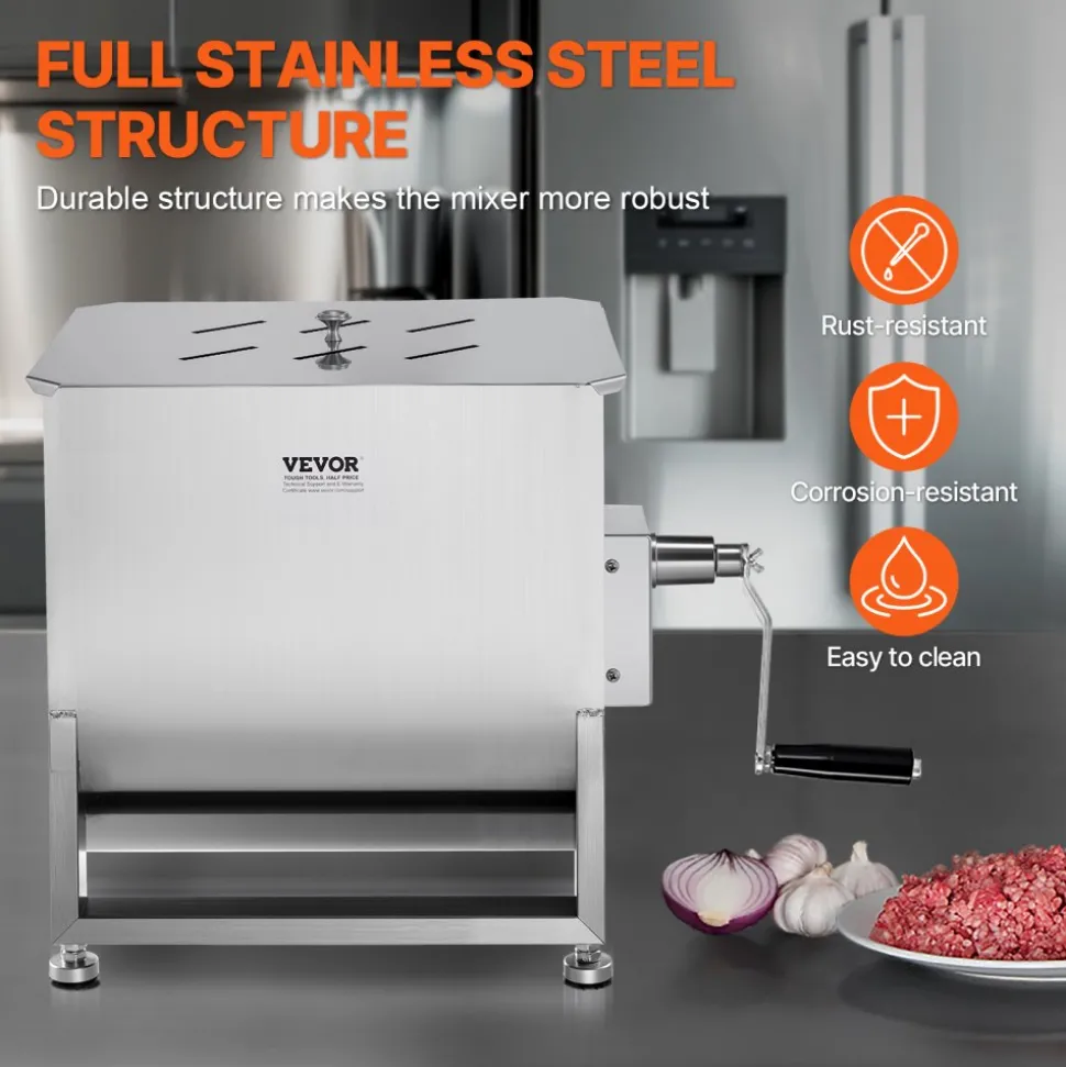 VEVOR Manual Meat Mixer, 40L Fixed Tank Meat Processing Equipment(Mixing Max 80LBS for Meat), Stainless Steel Meat Mixer, Sausage Mixer Machine with Lid Handle Gear Reducer, Ground Beef Hand Mixer