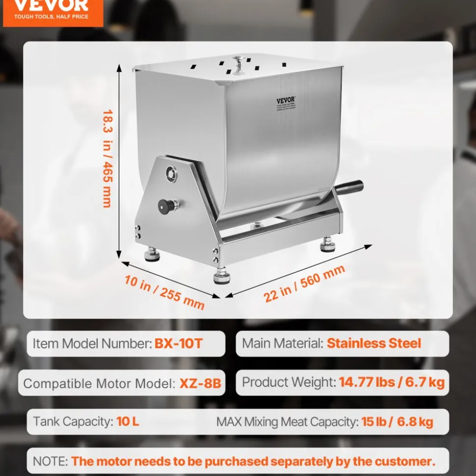 VEVOR Manual Meat Mixer, 15L Tilt Tank Meat Processing Equipment(Mixing Max 15LBS for Meat), Stainless Steel Meat Mixer, Sausage Mixer Machine with Lid Handle Gear Reducer, Ground Beef Hand Mixer