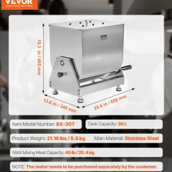 VEVOR Manual Meat Mixer, 60 Pound Max Capacity Tilt Tank Meat Mixer, Stainless Steel Meat Processing Equipment, Sausage Mixer Machine with Lid and Handle, Ground Beef Hand Mixer, Silver