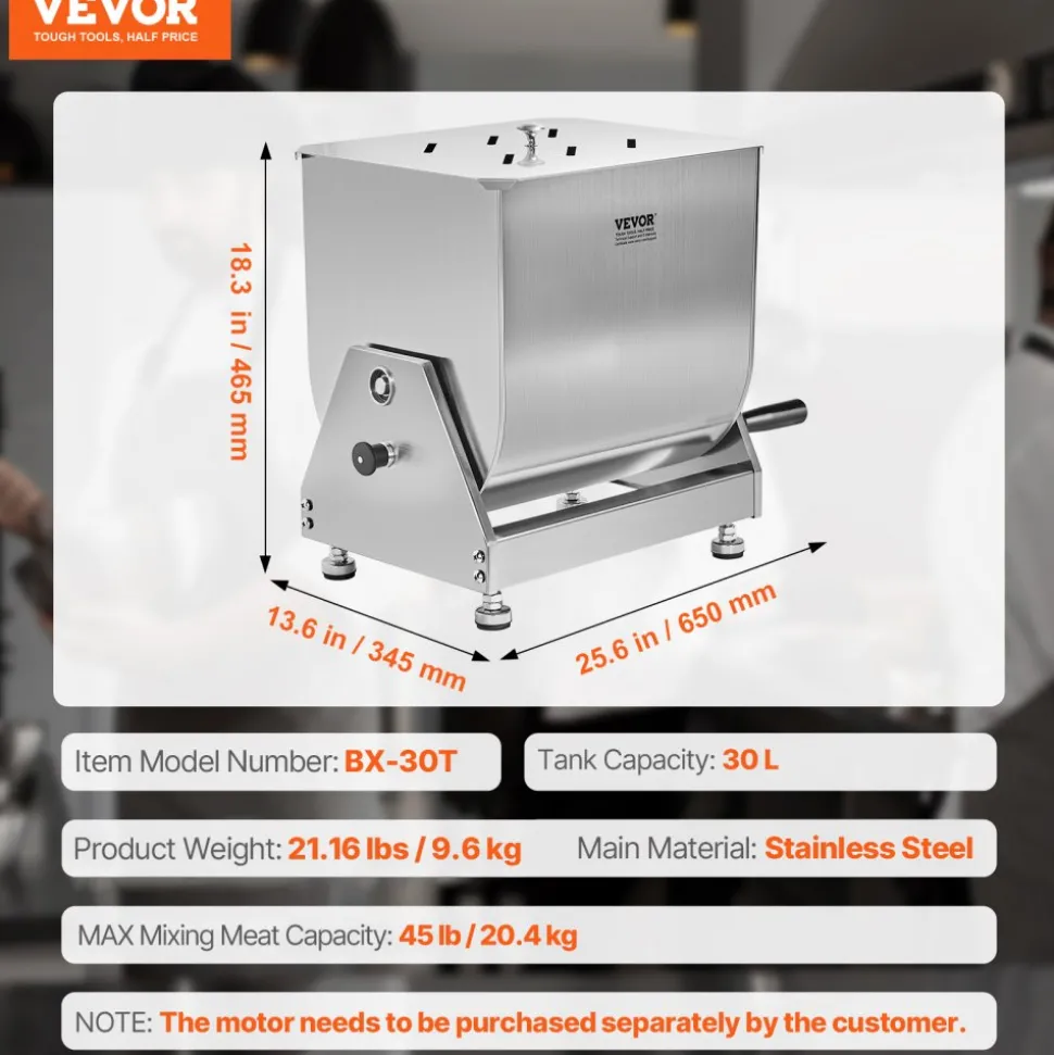 VEVOR Manual Meat Mixer, 60 Pound Max Capacity Tilt Tank Meat Mixer, Stainless Steel Meat Processing Equipment, Sausage Mixer Machine with Lid and Handle, Ground Beef Hand Mixer, Silver