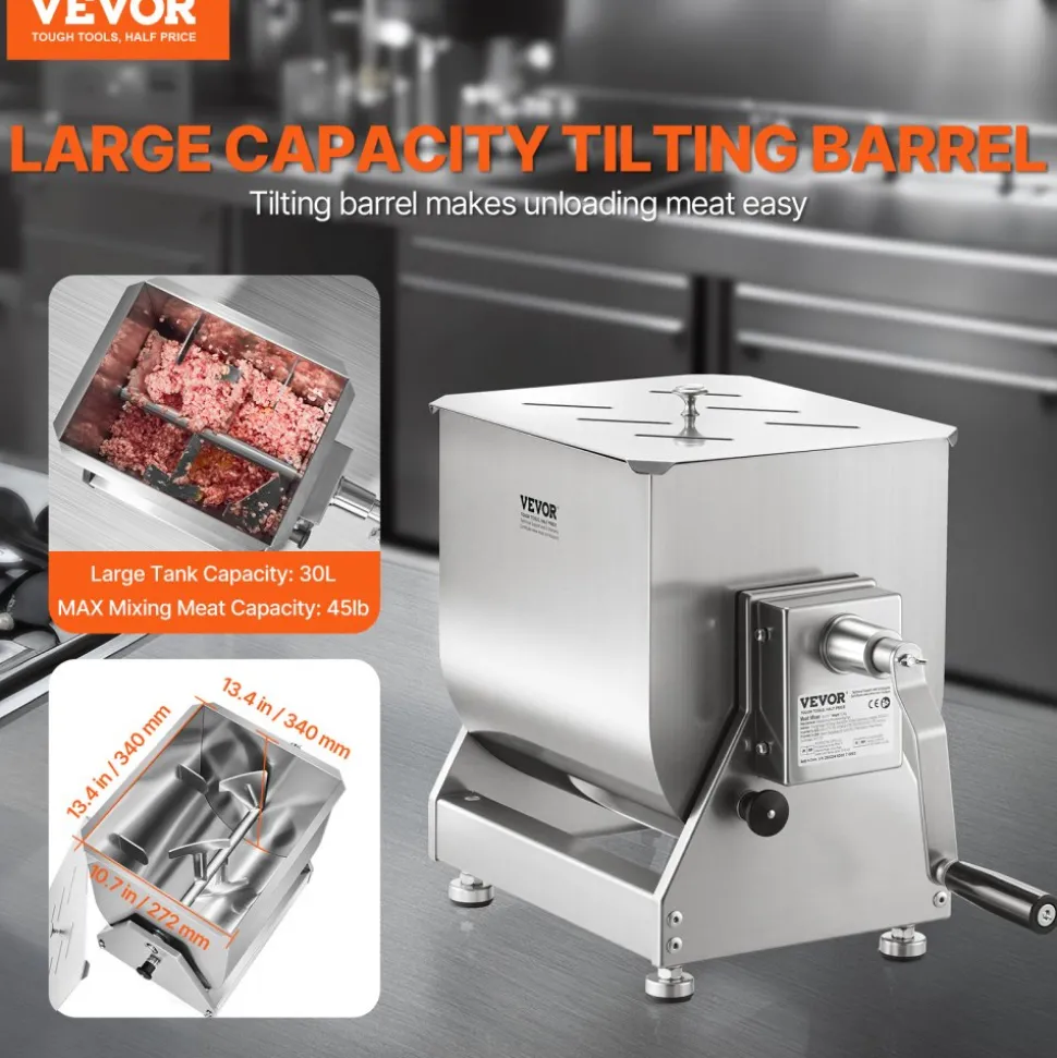 VEVOR Manual Meat Mixer, 60 Pound Max Capacity Tilt Tank Meat Mixer, Stainless Steel Meat Processing Equipment, Sausage Mixer Machine with Lid and Handle, Ground Beef Hand Mixer, Silver