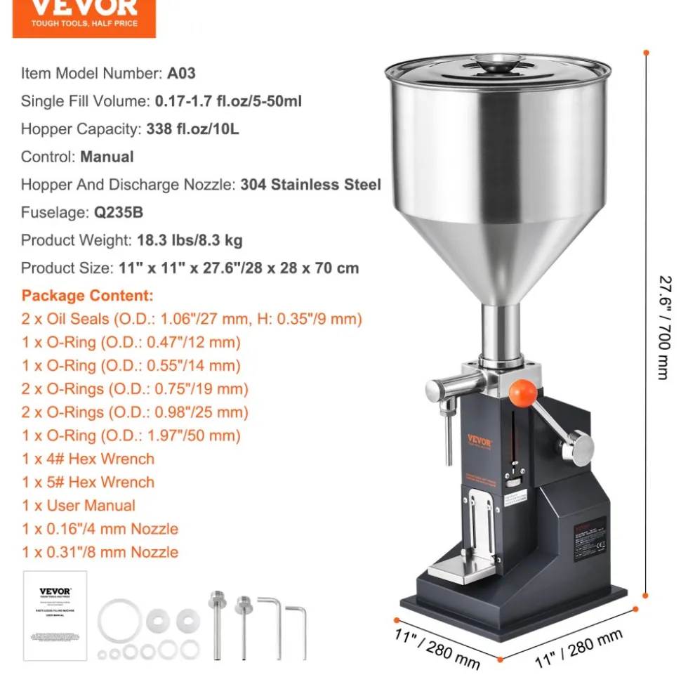 VEVOR Manual Paste Liquid Filling Machine, 5-50ml Bottle Filler, Adjustable Bottle Filling Machine, Stainless Steel Liquid Filler with Hopper for Milk Water Juice Essential Oil Shampoo Cosmetic Honey