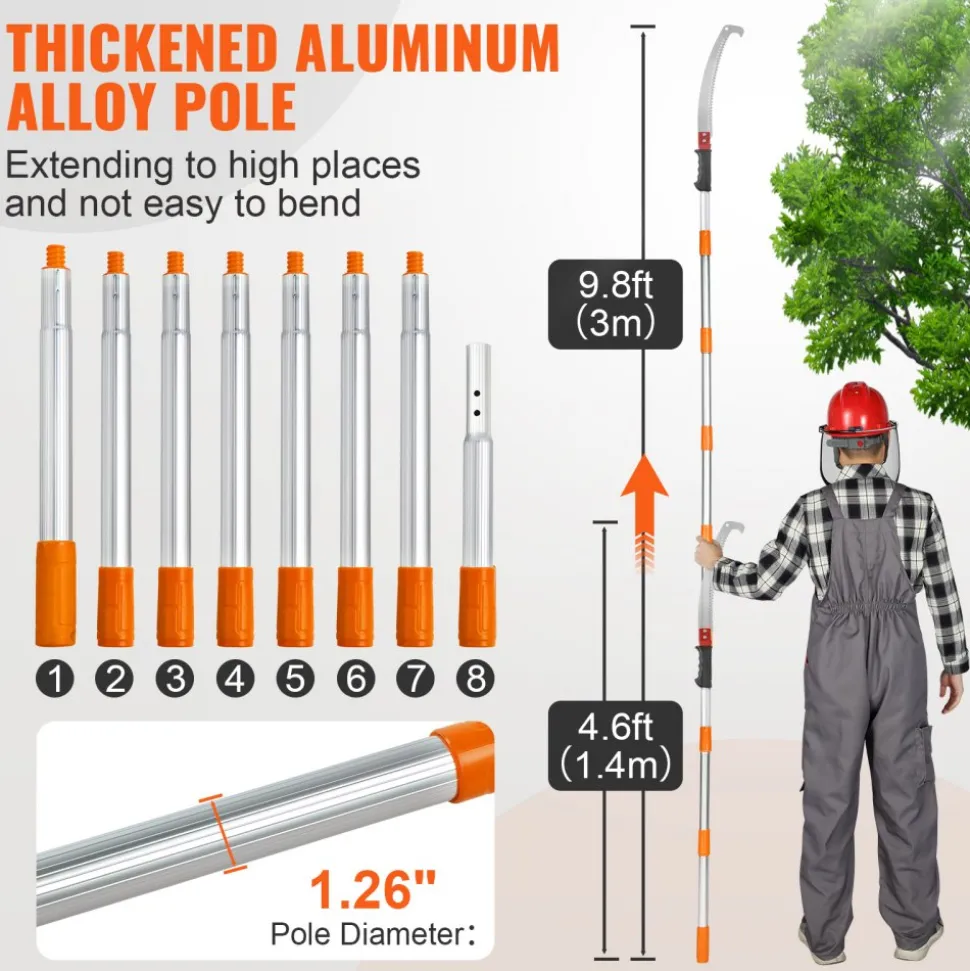 VEVOR Manual Pole Saw,4.6-9.8 ft Extendable Tree Pruner, Sharp Steel Blade for High Branches Trimming, Manual Branch Trimmer with Lightweight Aluminum Alloy Handle, for Pruning Palms and Shrubs