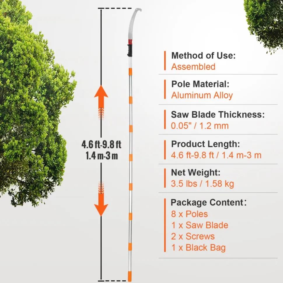 VEVOR Manual Pole Saw,4.6-9.8 ft Extendable Tree Pruner, Sharp Steel Blade for High Branches Trimming, Manual Branch Trimmer with Lightweight Aluminum Alloy Handle, for Pruning Palms and Shrubs