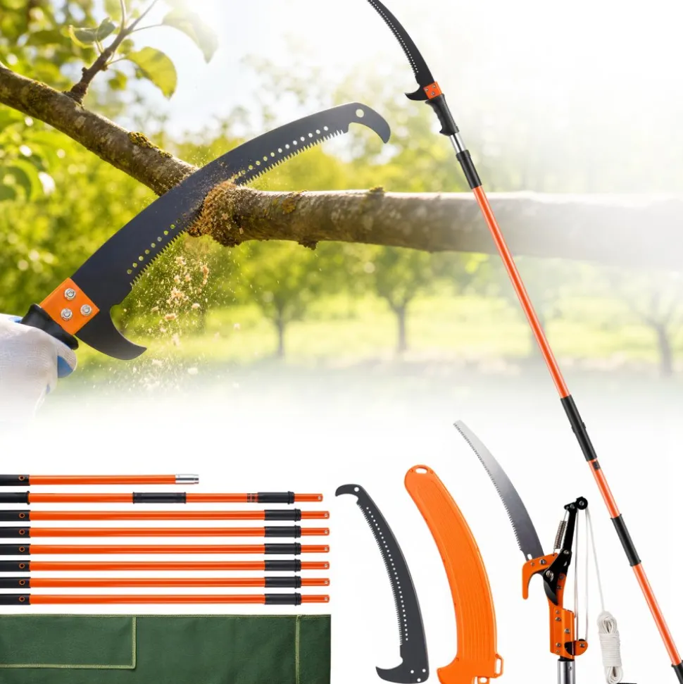 VEVOR Manual Pole Saw, 7.3-27 ft Extendable Tree Pruner, Sharp Steel Blade and Scissors High Branches Trimming, Branch Trimmer with Lightweight 8 Fiberglass Handles, for Pruning Palms and Shrubs
