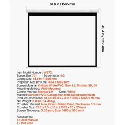 VEVOR Manual Projector Screen, 72 inch 4:3 4K 1080 HD Retractable Pull Down Projector Screen, Wall Mounted Movie Projection with Pull Rope, Portable Display Projectoin for Family Home Office Theater