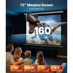 VEVOR Manual Projector Screen, 72 inch 4:3 4K 1080 HD Retractable Pull Down Projector Screen, Wall Mounted Movie Projection with Pull Rope, Portable Display Projectoin for Family Home Office Theater