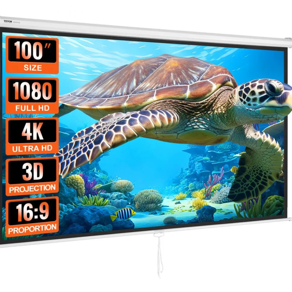 VEVOR Manual Projector Screen, 100 inch 16:9 4K 1080 HD Retractable Pull Down Projector Screen, Auto-Locking Portable Movie Screen for Family Home Office Theater
