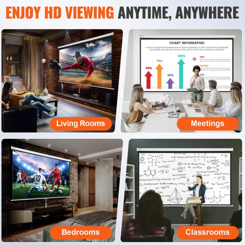 VEVOR Manual Projector Screen, 100 inch 16:9 4K 1080 HD Retractable Pull Down Projector Screen, Auto-Locking Portable Movie Screen for Family Home Office Theater