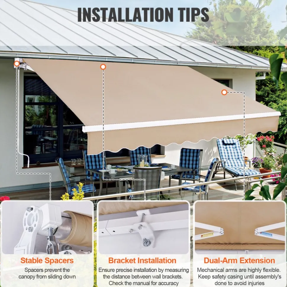 VEVOR Manual Retractable Awning, 13 x 8 ft Outdoor Patio Awning Retractable Sun Shade, Water-Resistant Polyester Patio Door Window Awning Sunshade Shelter with Crank Handle for Backyard, Balcony