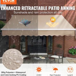 VEVOR Manual Retractable Awning, 13 x 8 ft Outdoor Patio Awning Retractable Sun Shade, Water-Resistant Polyester Patio Door Window Awning Sunshade Shelter with Crank Handle for Backyard, Balcony