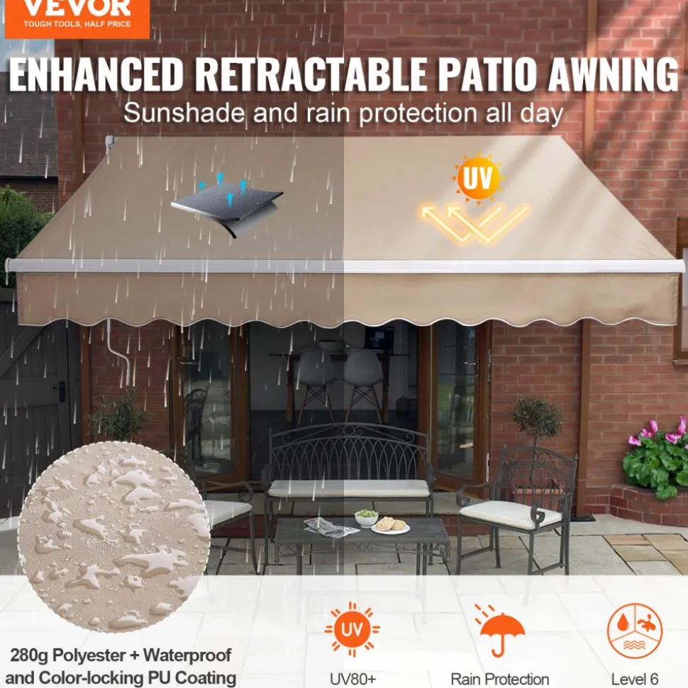 VEVOR Manual Retractable Awning, 13 x 8 ft Outdoor Patio Awning Retractable Sun Shade, Water-Resistant Polyester Patio Door Window Awning Sunshade Shelter with Crank Handle for Backyard, Balcony