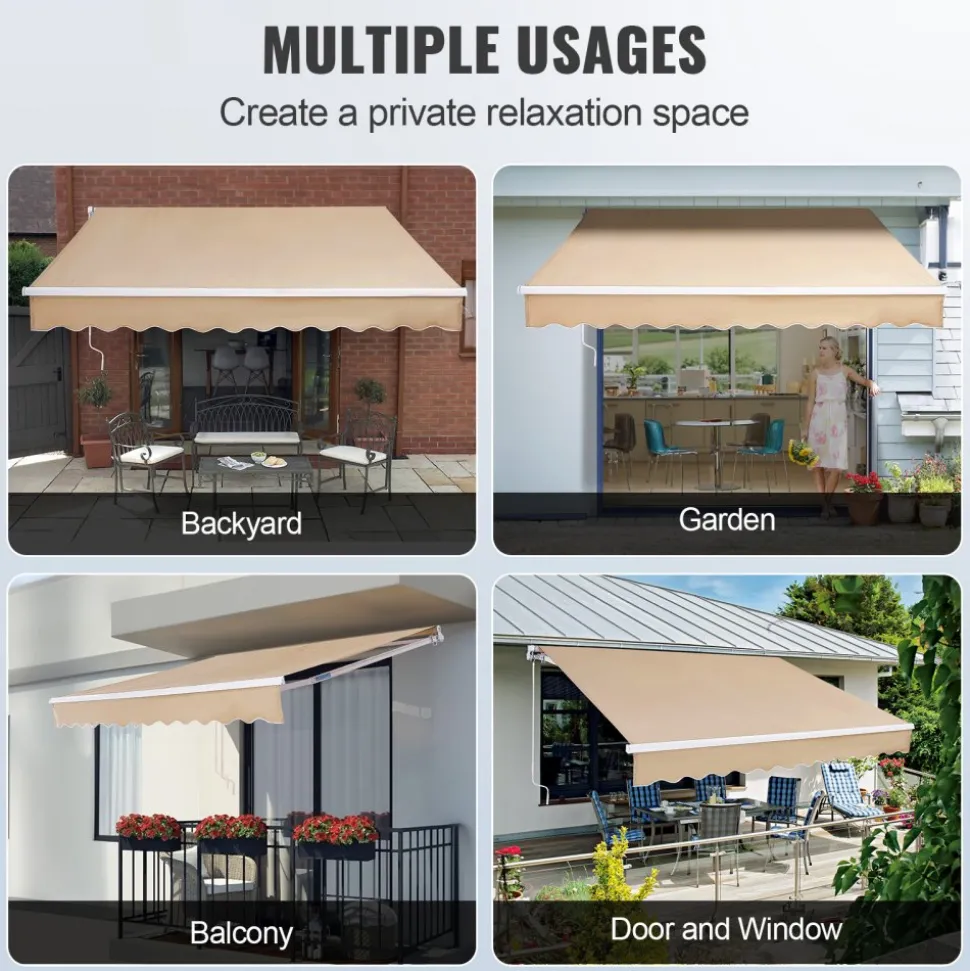 VEVOR Manual Retractable Awning, 13 x 8 ft Outdoor Patio Awning Retractable Sun Shade, Water-Resistant Polyester Patio Door Window Awning Sunshade Shelter with Crank Handle for Backyard, Balcony