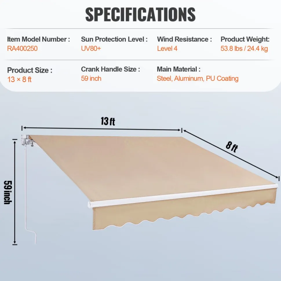 VEVOR Manual Retractable Awning, 13 x 8 ft Outdoor Patio Awning Retractable Sun Shade, Water-Resistant Polyester Patio Door Window Awning Sunshade Shelter with Crank Handle for Backyard, Balcony