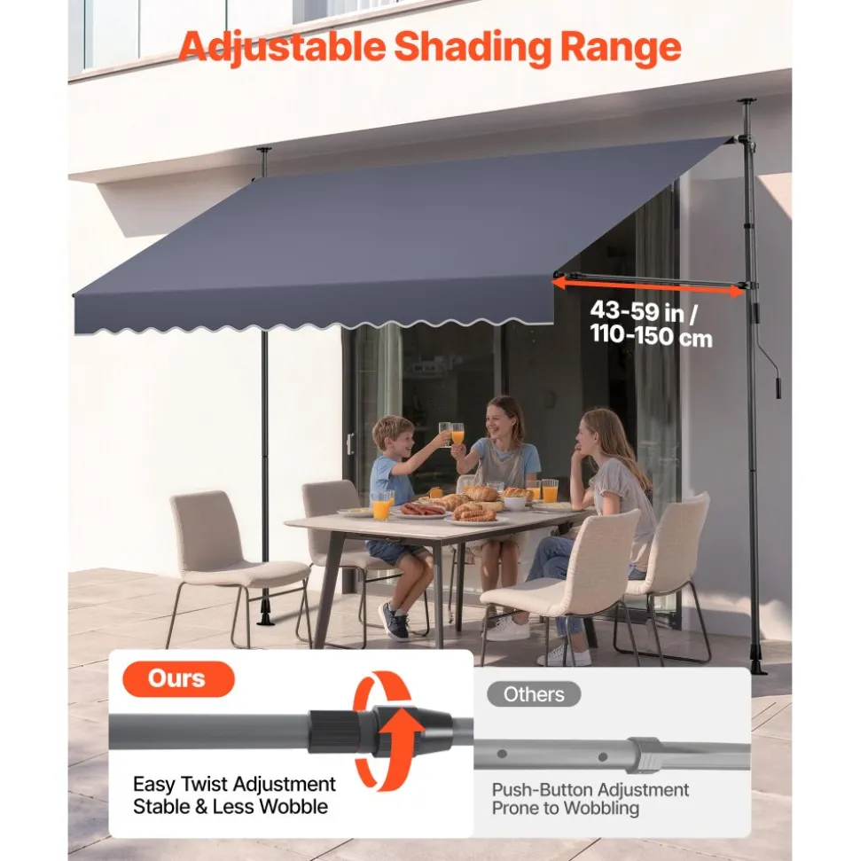 VEVOR Manual Retractable Awning, 118" Outdoor Retractable Patio Awning Sunshade Shelter, Height Adjustable Patio Door Window Canopy with Manual Crank Handle for Backyard, Garden, Balcony, Dark Gray