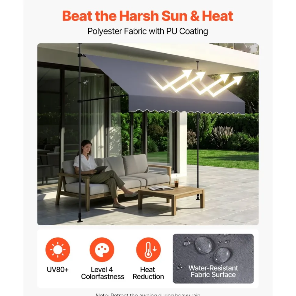 VEVOR Manual Retractable Awning, 118" Outdoor Retractable Patio Awning Sunshade Shelter, Height Adjustable Patio Door Window Canopy with Manual Crank Handle for Backyard, Garden, Balcony, Dark Gray