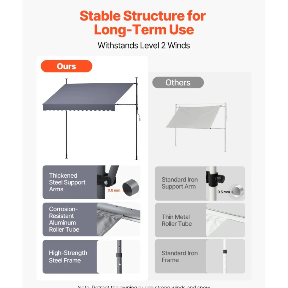 VEVOR Manual Retractable Awning, 118" Outdoor Retractable Patio Awning Sunshade Shelter, Height Adjustable Patio Door Window Canopy with Manual Crank Handle for Backyard, Garden, Balcony, Dark Gray