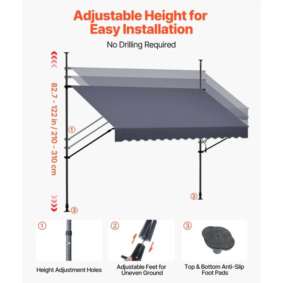 VEVOR Manual Retractable Awning, 118" Outdoor Retractable Patio Awning Sunshade Shelter, Height Adjustable Patio Door Window Canopy with Manual Crank Handle for Backyard, Garden, Balcony, Dark Gray