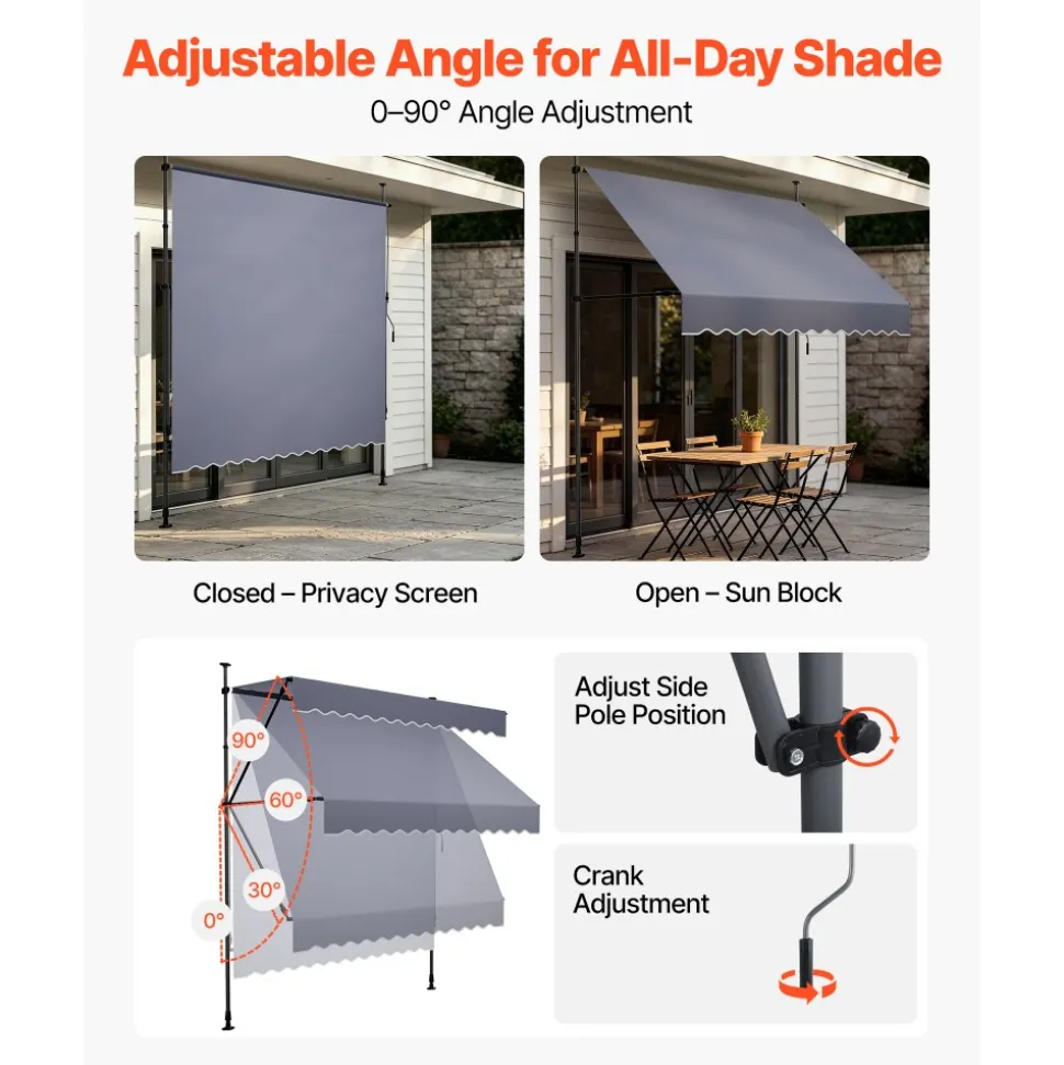 VEVOR Manual Retractable Awning, 118" Outdoor Retractable Patio Awning Sunshade Shelter, Height Adjustable Patio Door Window Canopy with Manual Crank Handle for Backyard, Garden, Balcony, Dark Gray