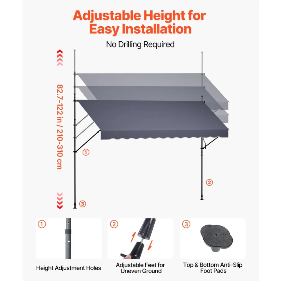 VEVOR Manual Retractable Awning, 11.5' x 9.8' Outdoor Patio Awning Retractable Sun Shade, Patio Door Window Water-Resistant Polyester Sunshade Shelter with Crank Handle for Deck, Balcony, Yard, Gray