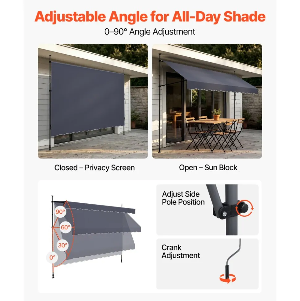 VEVOR Manual Retractable Awning, 11.5' x 9.8' Outdoor Patio Awning Retractable Sun Shade, Patio Door Window Water-Resistant Polyester Sunshade Shelter with Crank Handle for Deck, Balcony, Yard, Gray