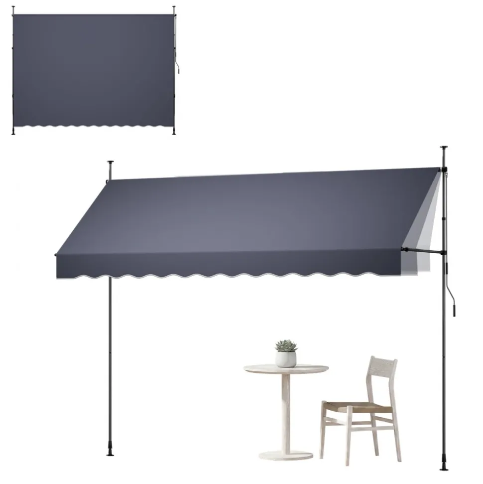 VEVOR Manual Retractable Awning, 11.5' x 9.8' Outdoor Patio Awning Retractable Sun Shade, Patio Door Window Water-Resistant Polyester Sunshade Shelter with Crank Handle for Deck, Balcony, Yard, Gray