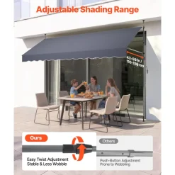VEVOR Manual Retractable Awning, 11.5' x 9.8' Outdoor Patio Awning Retractable Sun Shade, Patio Door Window Water-Resistant Polyester Sunshade Shelter with Crank Handle for Deck, Balcony, Yard, Gray