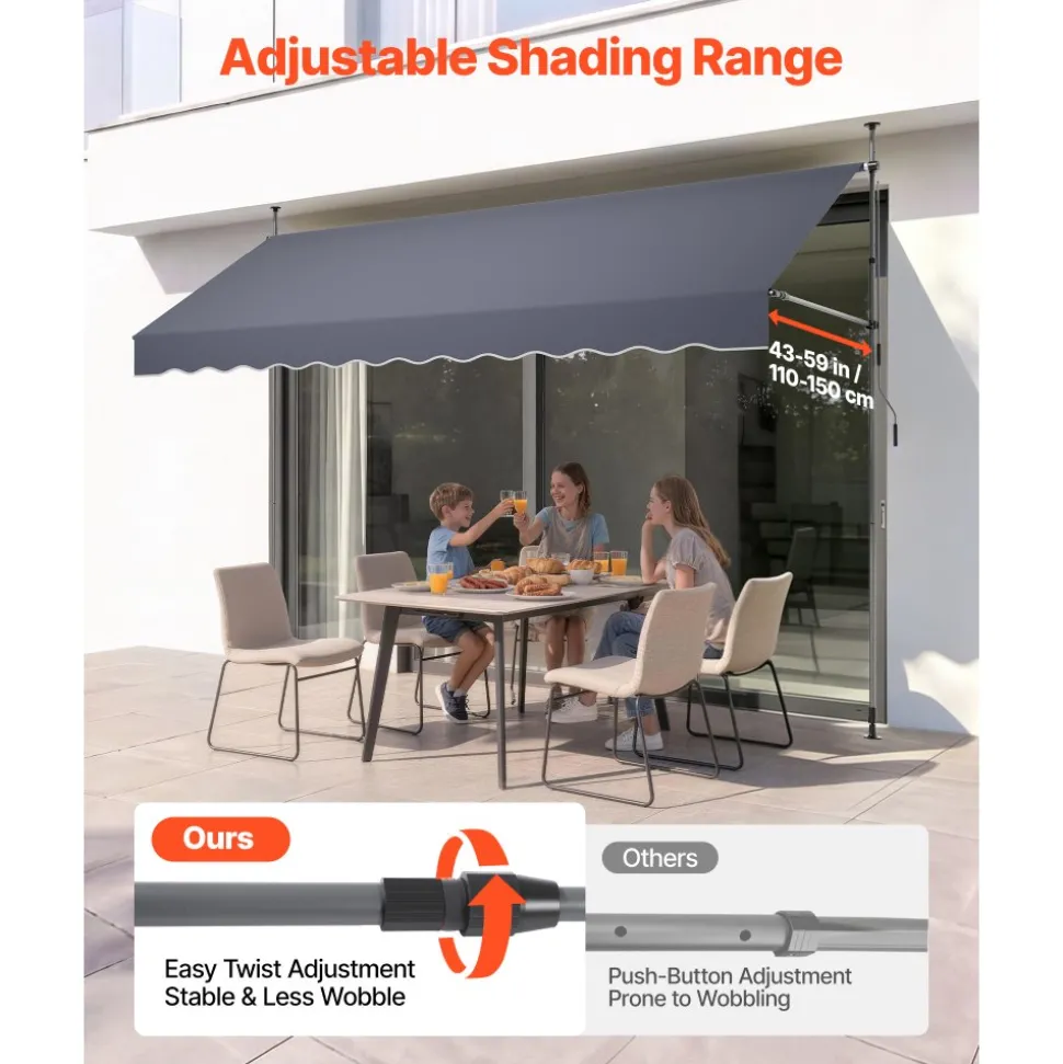 VEVOR Manual Retractable Awning, 11.5' x 9.8' Outdoor Patio Awning Retractable Sun Shade, Patio Door Window Water-Resistant Polyester Sunshade Shelter with Crank Handle for Deck, Balcony, Yard, Gray