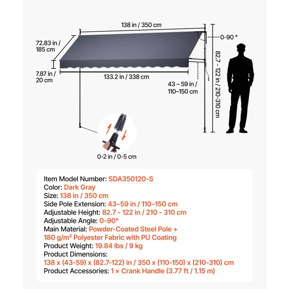 VEVOR Manual Retractable Awning, 11.5' x 9.8' Outdoor Patio Awning Retractable Sun Shade, Patio Door Window Water-Resistant Polyester Sunshade Shelter with Crank Handle for Deck, Balcony, Yard, Gray