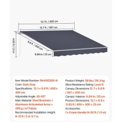 VEVOR Manual Retractable Awning, 13.1' x 9.8' Outdoor Patio Awning Retractable Sun Shade, Patio Door Window Water-Resistant Polyester Sunshade Shelter with Crank Handle for Deck, Balcony, Yard, Gray