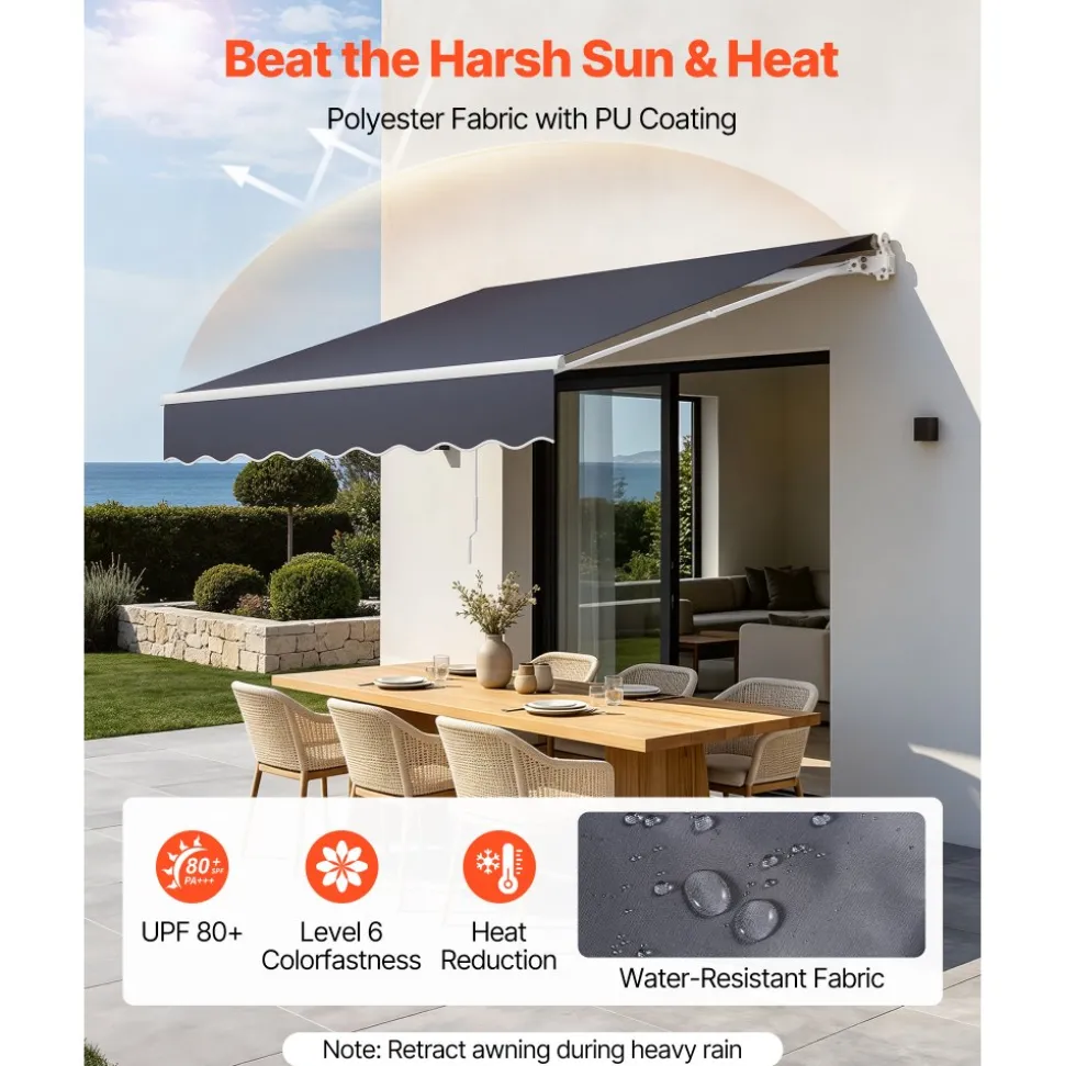 VEVOR Manual Retractable Awning, 8 x 7 ft Outdoor Patio Awning Retractable Sun Shade, Water-Resistant Polyester Patio Door Window Awning Sunshade Shelter with Crank Handle for Backyard, Balcony
