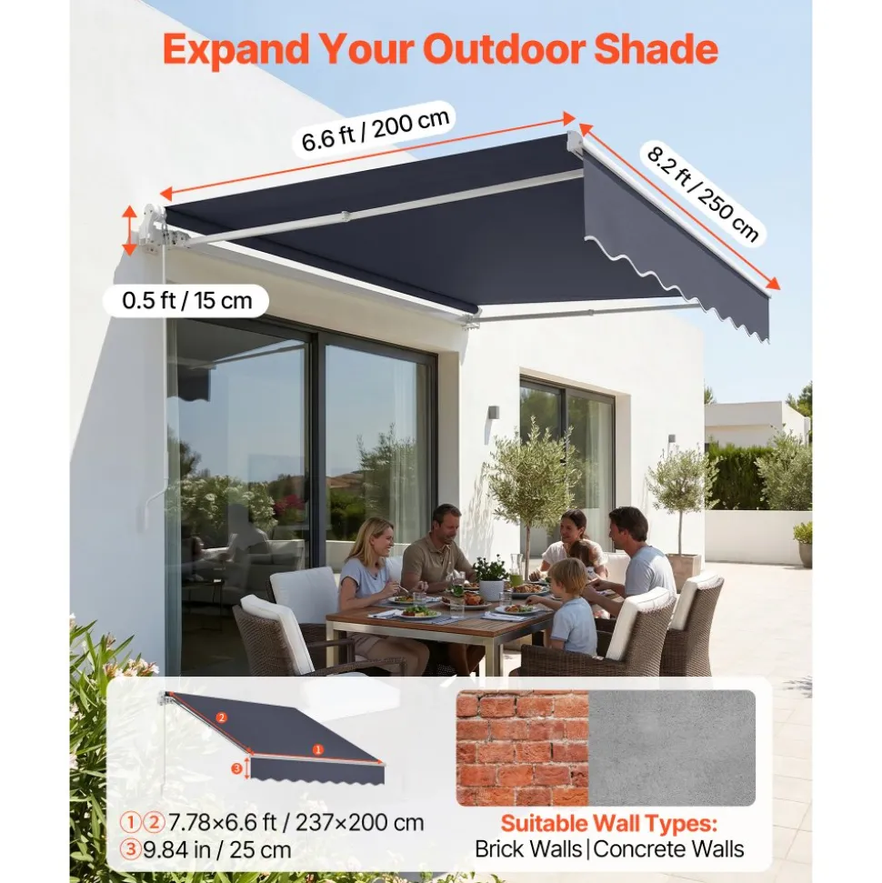 VEVOR Manual Retractable Awning, 8 x 7 ft Outdoor Patio Awning Retractable Sun Shade, Water-Resistant Polyester Patio Door Window Awning Sunshade Shelter with Crank Handle for Backyard, Balcony