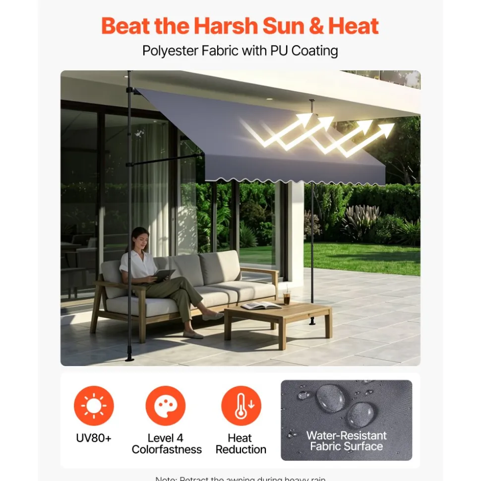 VEVOR Manual Retractable Awning, 59" Outdoor Retractable Patio Awning Sunshade Shelter, Height Adjustable Patio Door Window Canopy with Manual Crank Handle for Backyard, Garden, Balcony, Dark Gray