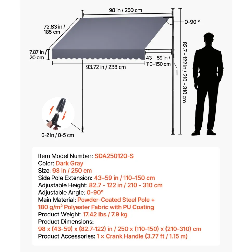 VEVOR Manual Retractable Awning, 59" Outdoor Retractable Patio Awning Sunshade Shelter, Height Adjustable Patio Door Window Canopy with Manual Crank Handle for Backyard, Garden, Balcony, Dark Gray