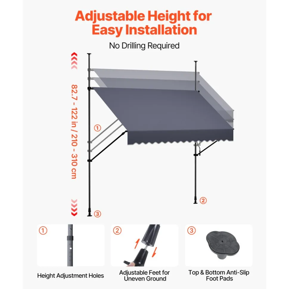 VEVOR Manual Retractable Awning, 59" Outdoor Retractable Patio Awning Sunshade Shelter, Height Adjustable Patio Door Window Canopy with Manual Crank Handle for Backyard, Garden, Balcony, Dark Gray