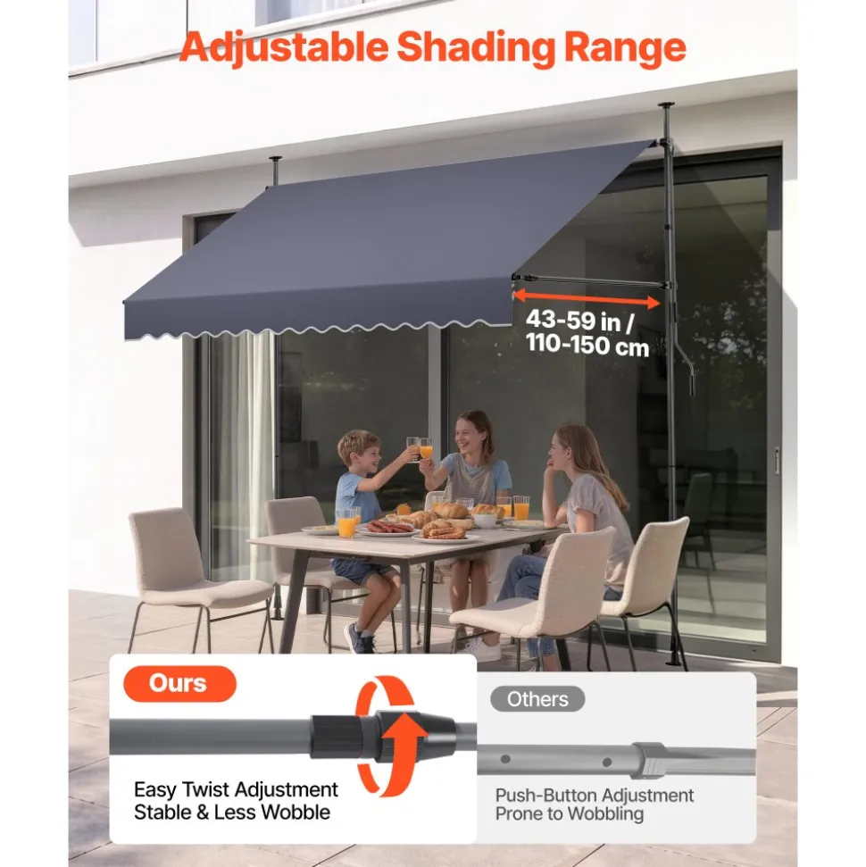 VEVOR Manual Retractable Awning, 59" Outdoor Retractable Patio Awning Sunshade Shelter, Height Adjustable Patio Door Window Canopy with Manual Crank Handle for Backyard, Garden, Balcony, Dark Gray
