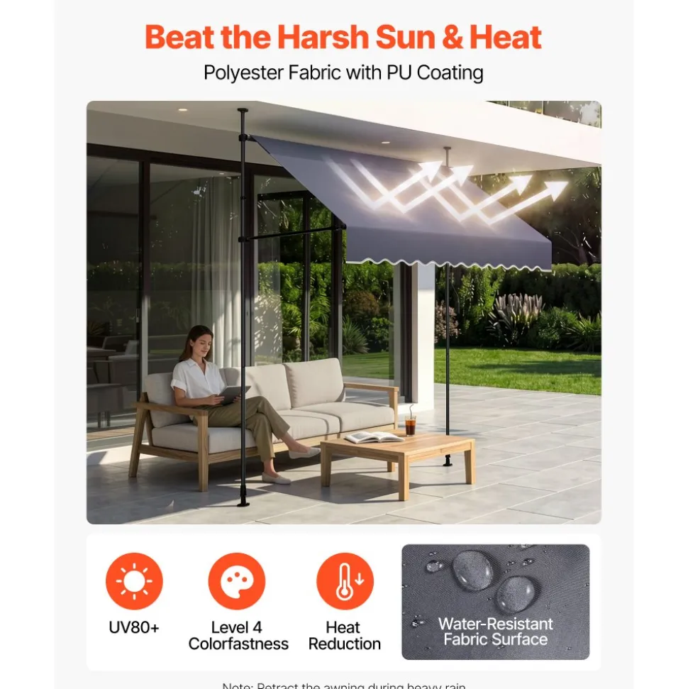 VEVOR Manual Retractable Awning, 78" Outdoor Retractable Patio Awning Sunshade Shelter, Height Adjustable Patio Door Window Canopy with Manual Crank Handle for Backyard, Garden, Balcony, Dark Gray