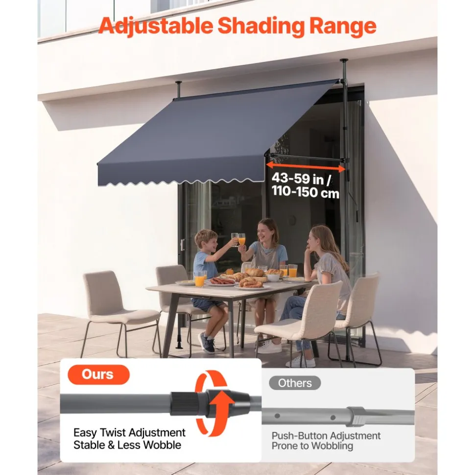 VEVOR Manual Retractable Awning, 78" Outdoor Retractable Patio Awning Sunshade Shelter, Height Adjustable Patio Door Window Canopy with Manual Crank Handle for Backyard, Garden, Balcony, Dark Gray