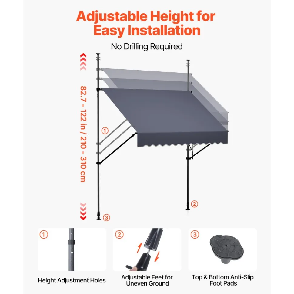 VEVOR Manual Retractable Awning, 78" Outdoor Retractable Patio Awning Sunshade Shelter, Height Adjustable Patio Door Window Canopy with Manual Crank Handle for Backyard, Garden, Balcony, Dark Gray