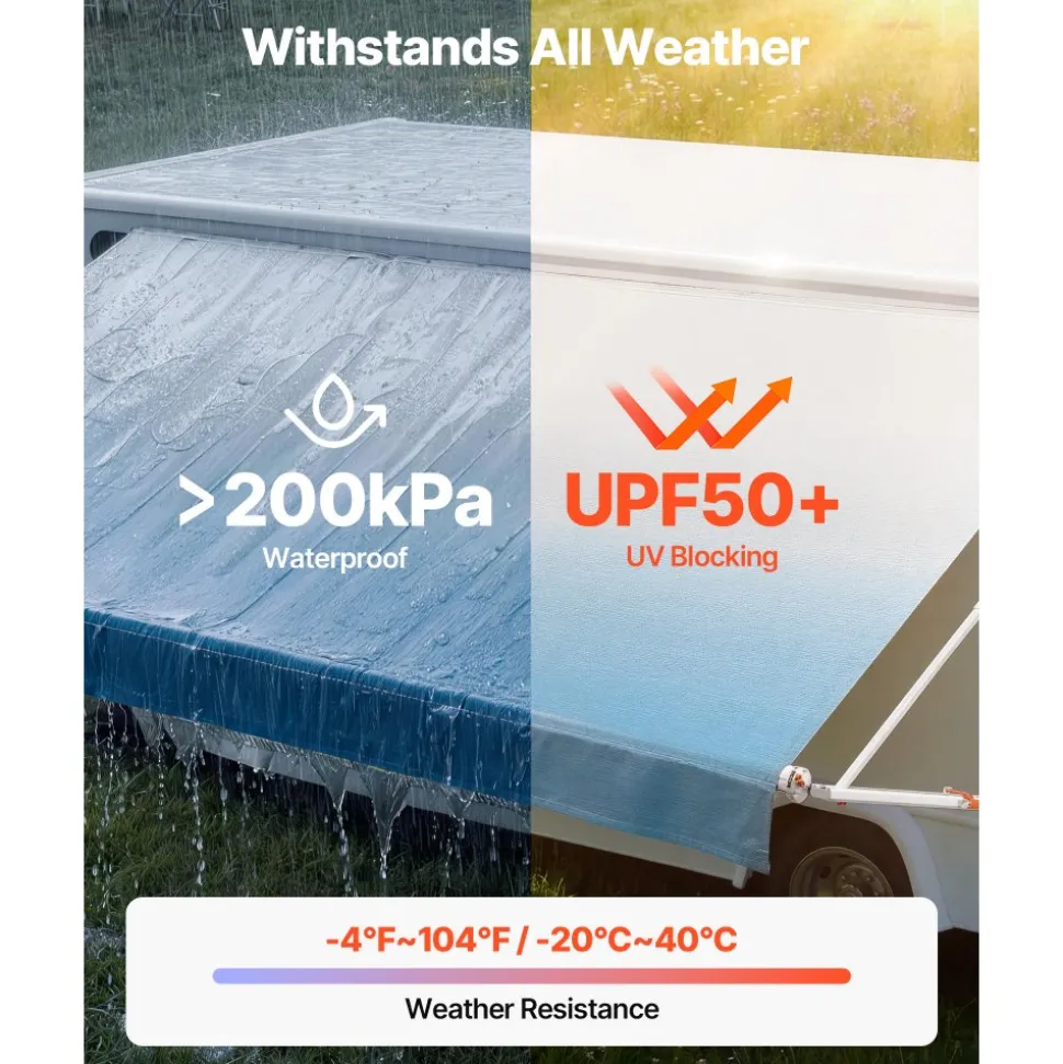 VEVOR Manual RV Awning Complete Kit, 20.12FT Retractable RV Awning with Aluminum Alloy Frame & Waterproof PVC Fabric, Outdoor Camping Trailer Awnings Fit Most RVs (20FT Type, Gradient Blue)