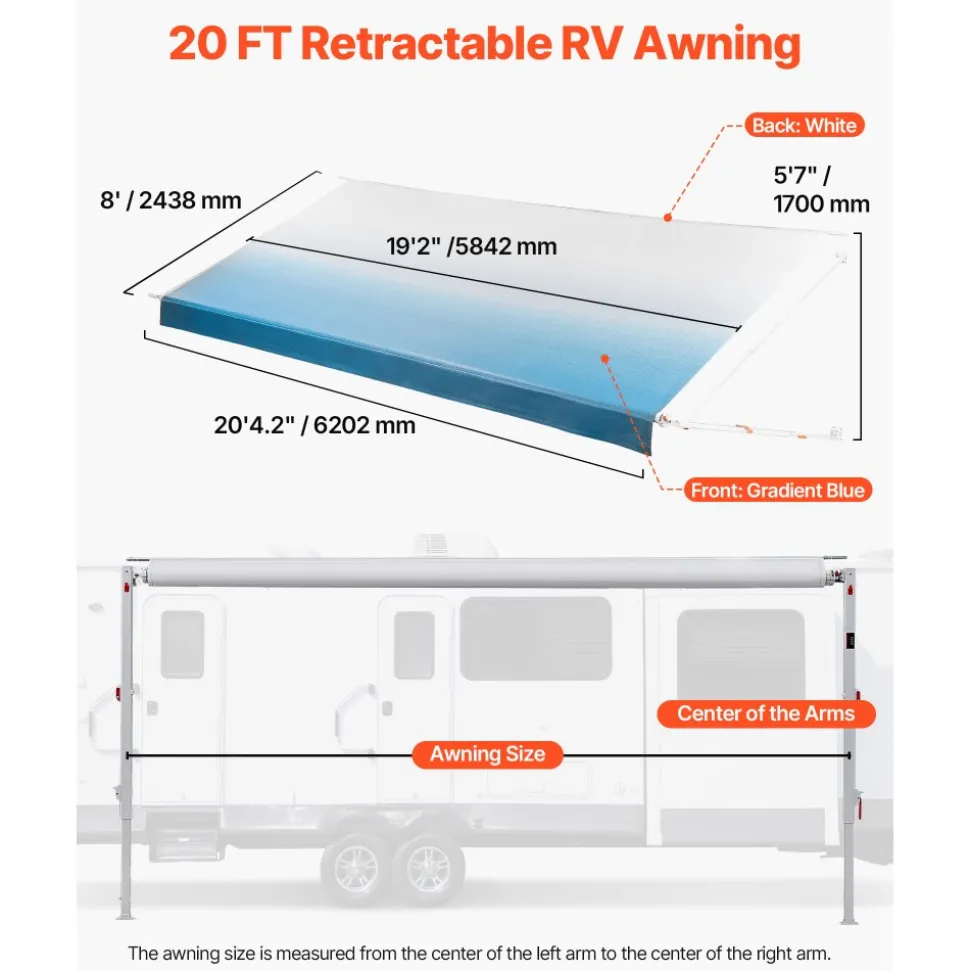 VEVOR Manual RV Awning Complete Kit, 20.12FT Retractable RV Awning with Aluminum Alloy Frame & Waterproof PVC Fabric, Outdoor Camping Trailer Awnings Fit Most RVs (20FT Type, Gradient Blue)