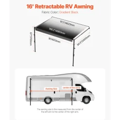 VEVOR Manual RV Awning Complete Kit, 16' Retractable Awning with Aluminum Alloy Frame, Outdoor Trailer Awning, Fit for Most RVs(Black Fade)